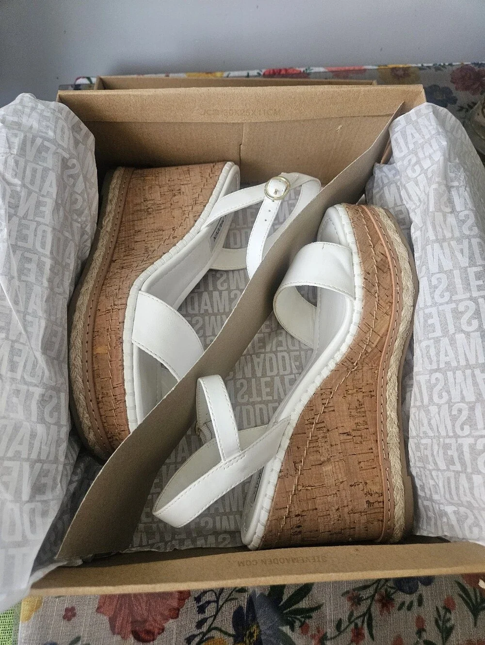 Steve Madden White Platform Cork Wedge Sandals